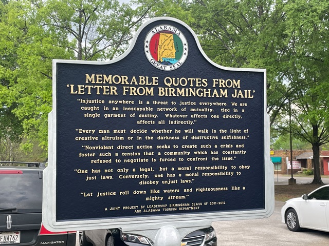 Historic marker with quotes from Letter from Birmingham Jail